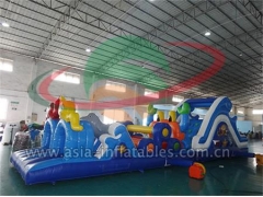 Children Party and Event Kids And Adults Play Inflatable Obstacle Course With Small Slide